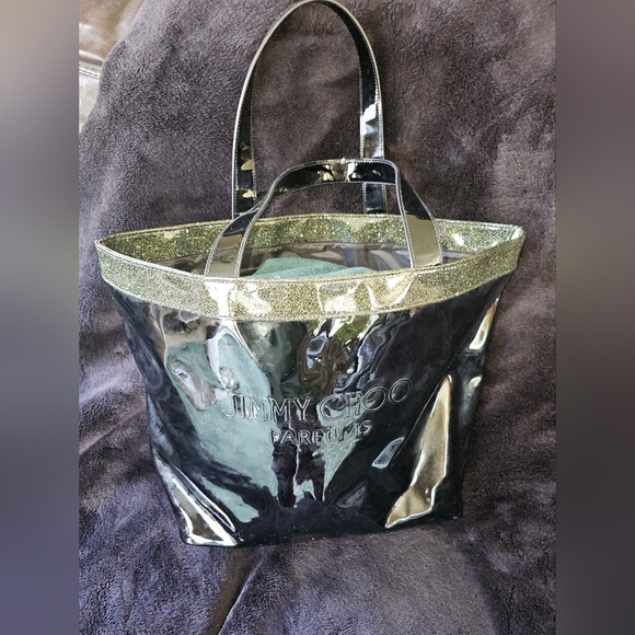 Jimmy Choo Shiny Black Water Resistant Tote Bag with Glittery Top Trim - Picture 2 of 10